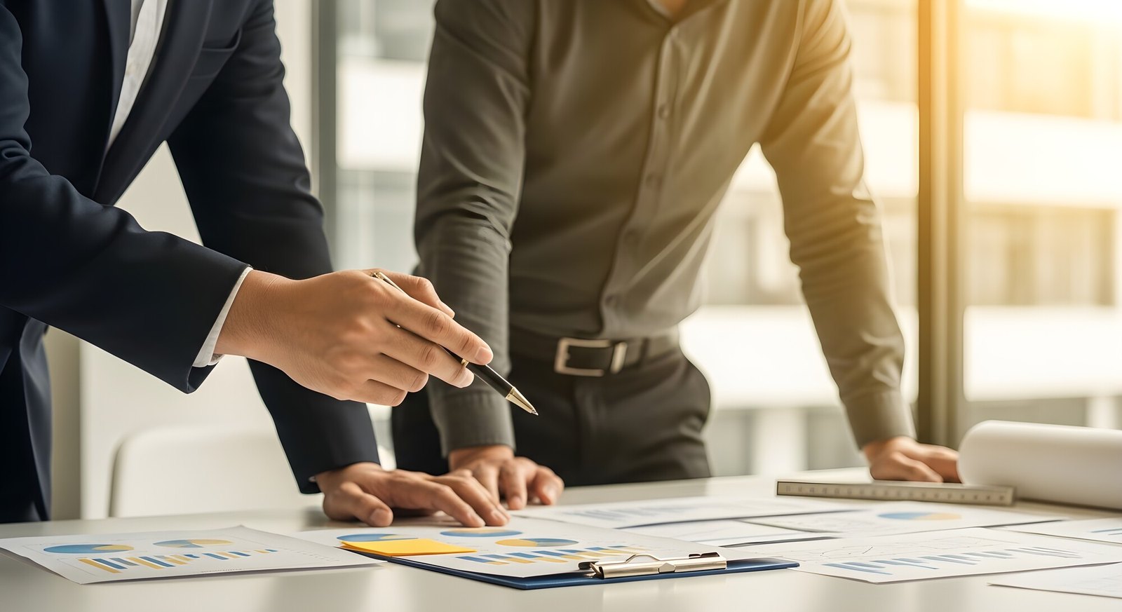 Consulente che illustra un documento a un cliente durante un incontro di lavoro